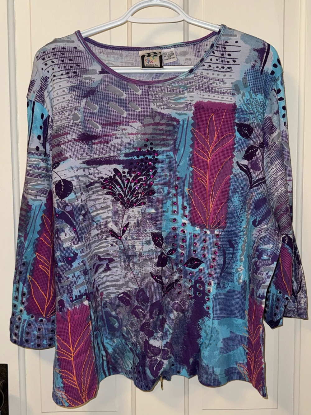 Abstract Floral Long Sleeve Tee in Purple, Pink  & Teal Women's Size 3X